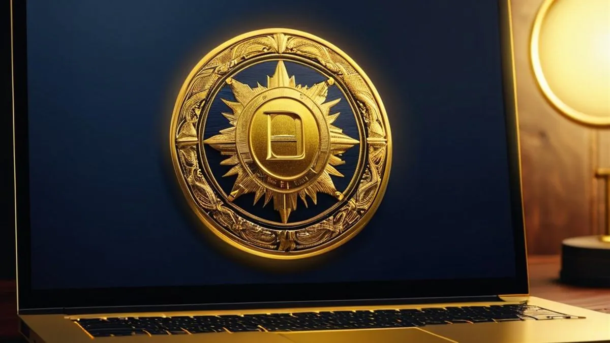 Laptop con un sello dorado grande en la pantalla azul sobre un escritorio