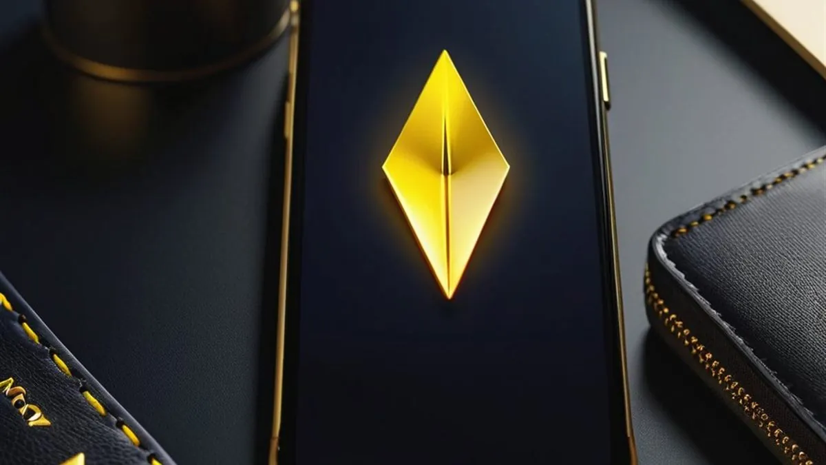 Celular con un icono dorado en pantalla junto a carteras oscuras sobre la mesa